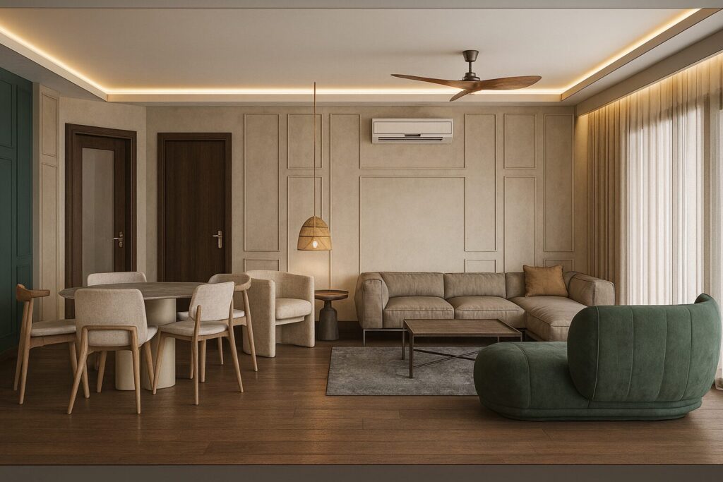 Neutral sectional sofa and curved green seating beside the dining table