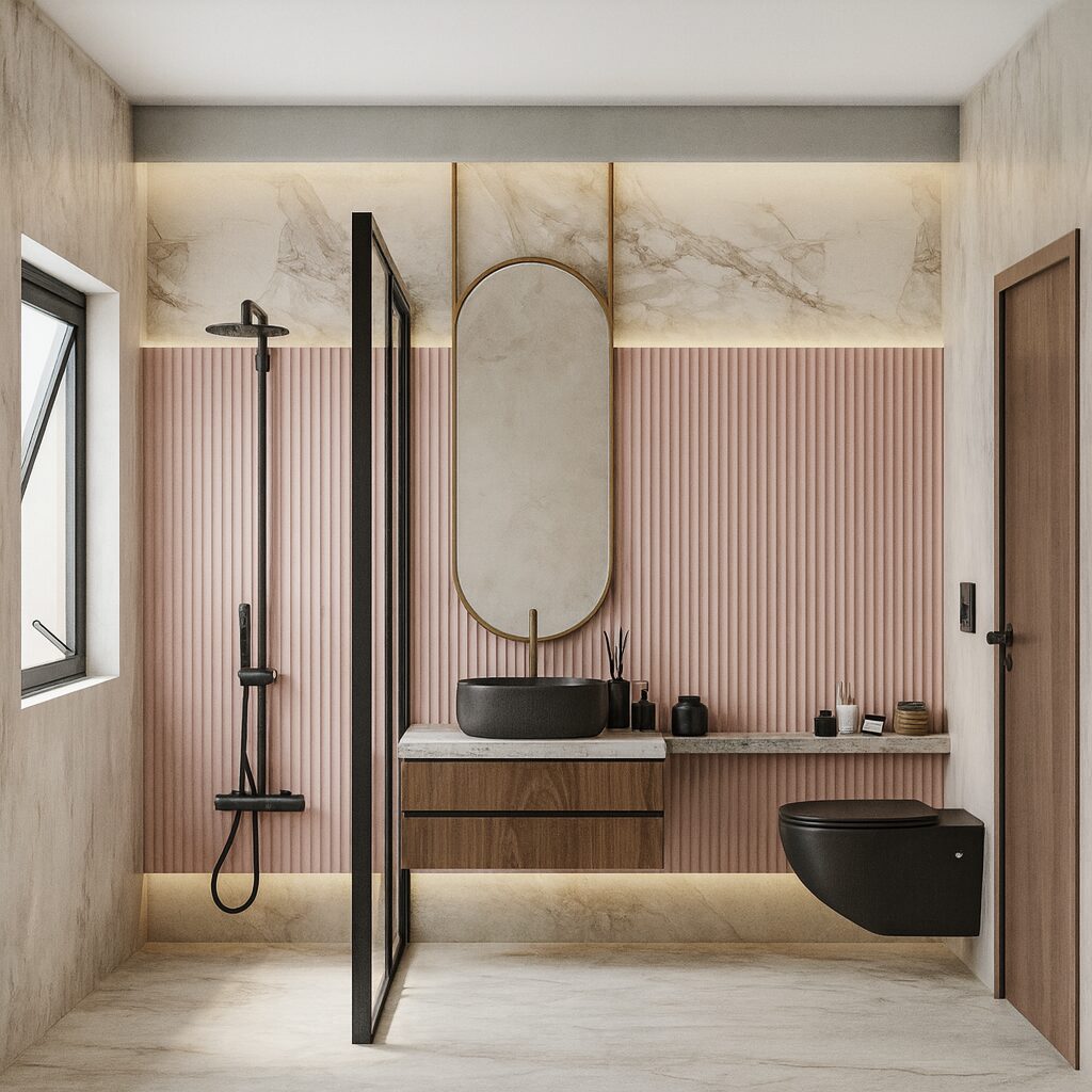 Bathroom with pink fluted wall panels, a floating vanity and a glazed shower screen