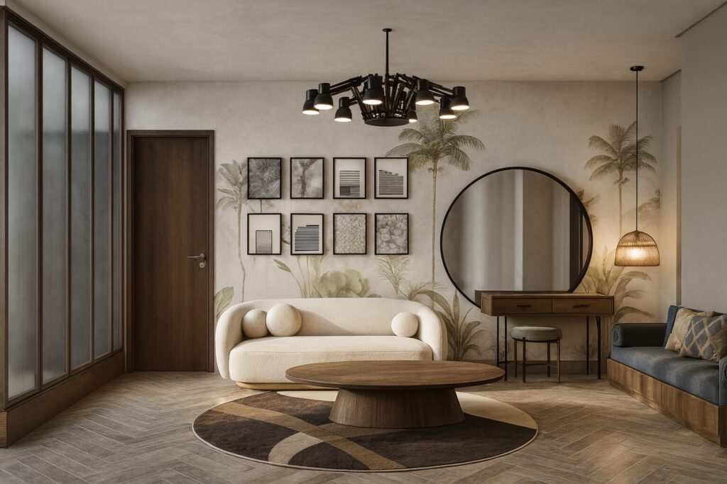 Sitting room with botanical wallpaper, sculptural seating and a timber dressing table