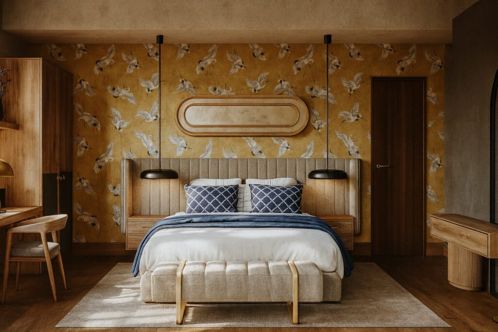 Bedroom with gold bird-pattern wallpaper, a padded headboard and blue textiles