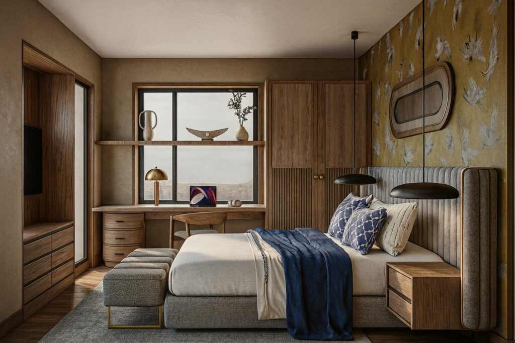 Bedroom study desk beneath a window beside a padded headboard