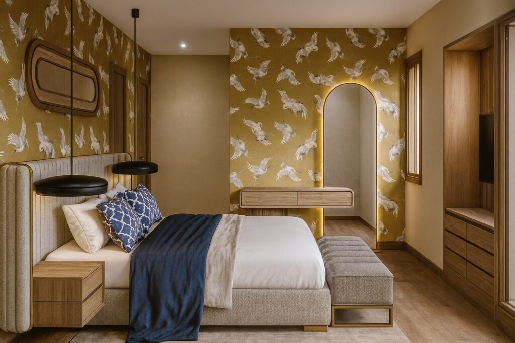Bedroom looking towards a floating dressing table and an arched mirror