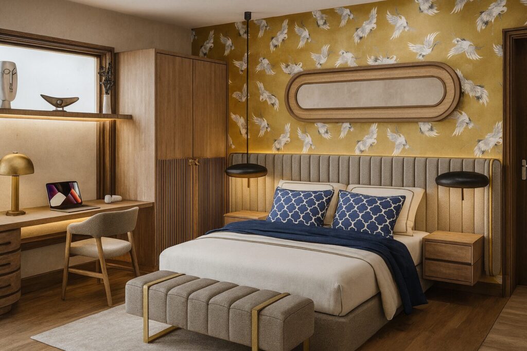 Timber bedroom furniture, black pendant lights and layered blue-and-white bedding
